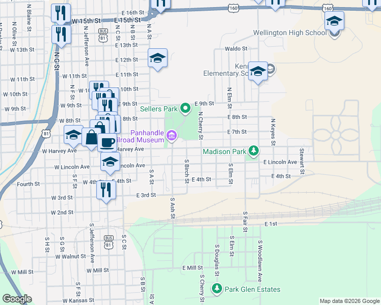 map of restaurants, bars, coffee shops, grocery stores, and more near 601-699 E Harvey Ave in Wellington