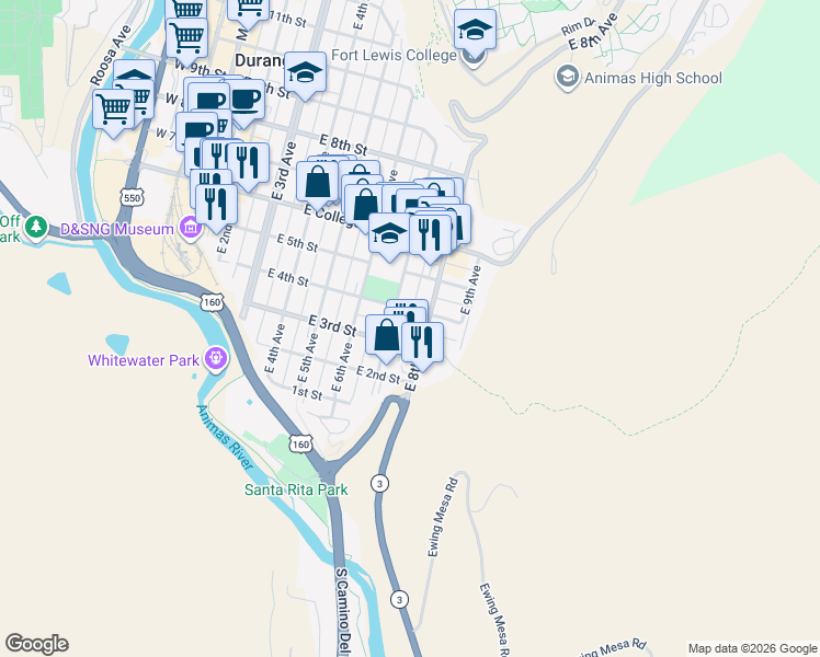 map of restaurants, bars, coffee shops, grocery stores, and more near 364 East 7th Avenue in Durango