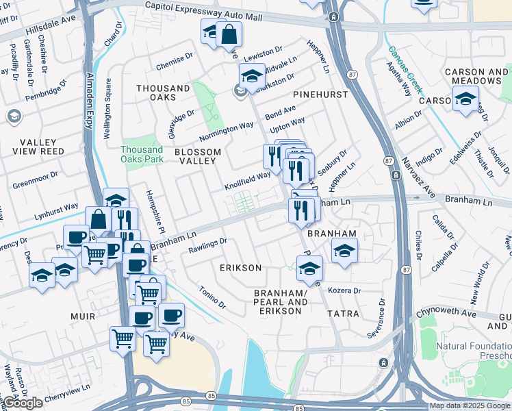 map of restaurants, bars, coffee shops, grocery stores, and more near 872 Canfield Court in San Jose