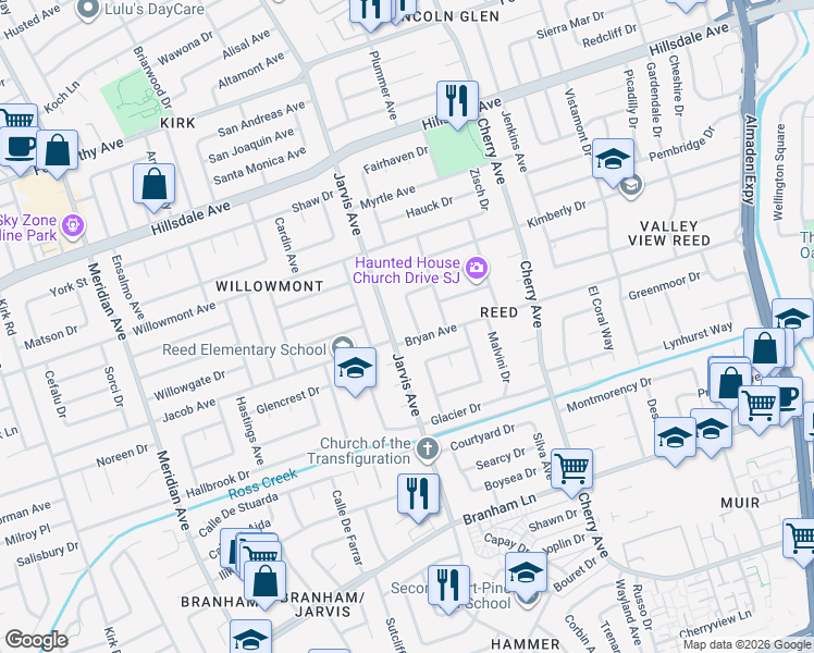map of restaurants, bars, coffee shops, grocery stores, and more near 3820 Quinlan Lane in San Jose