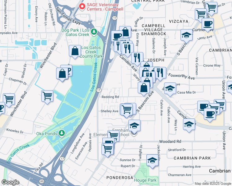 map of restaurants, bars, coffee shops, grocery stores, and more near 127 Redding Road in Campbell