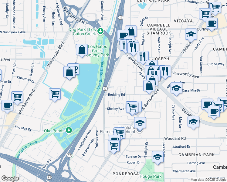 map of restaurants, bars, coffee shops, grocery stores, and more near 127 Redding Road in Campbell