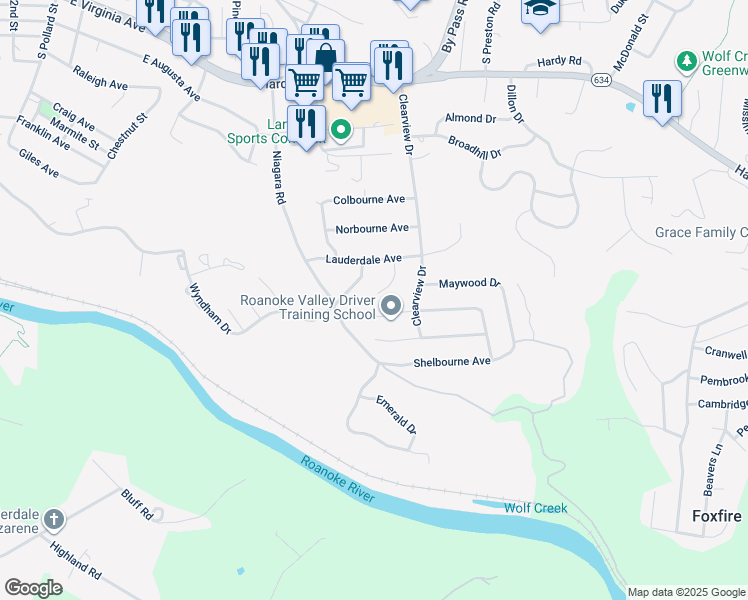 map of restaurants, bars, coffee shops, grocery stores, and more near 1029 Blakemore Circle in Vinton