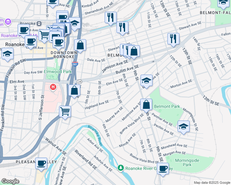 map of restaurants, bars, coffee shops, grocery stores, and more near 702-714 Mountain Avenue Southeast in Roanoke