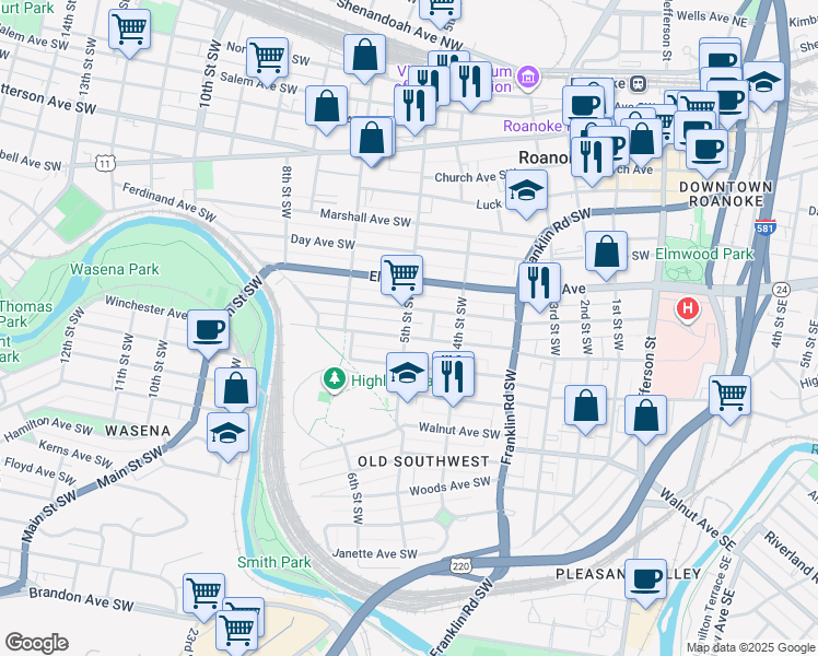 map of restaurants, bars, coffee shops, grocery stores, and more near 430 Mountain Avenue Southwest in Roanoke