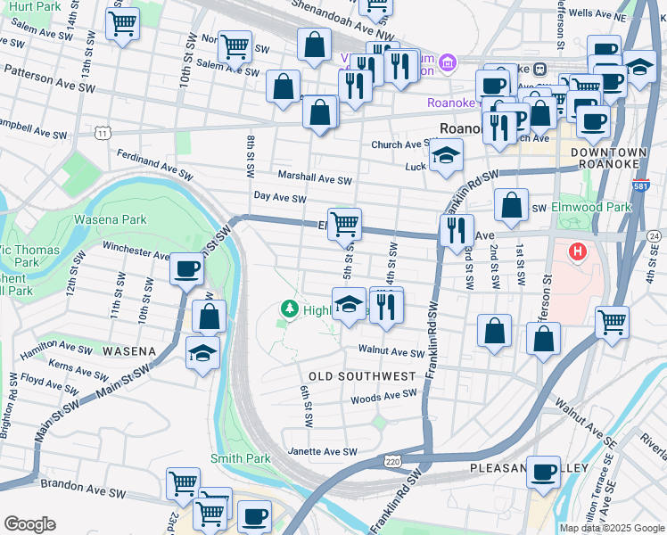 map of restaurants, bars, coffee shops, grocery stores, and more near 518 Mountain Avenue Southwest in Roanoke