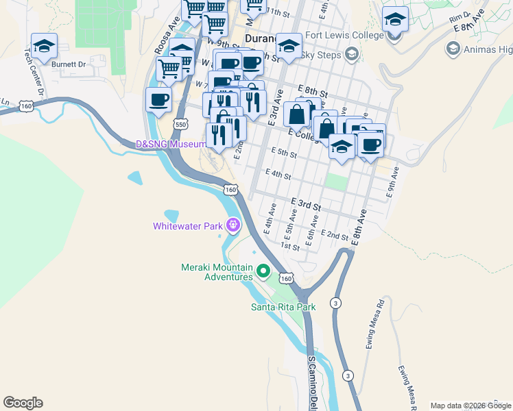 map of restaurants, bars, coffee shops, grocery stores, and more near 260 East 3rd Avenue in Durango