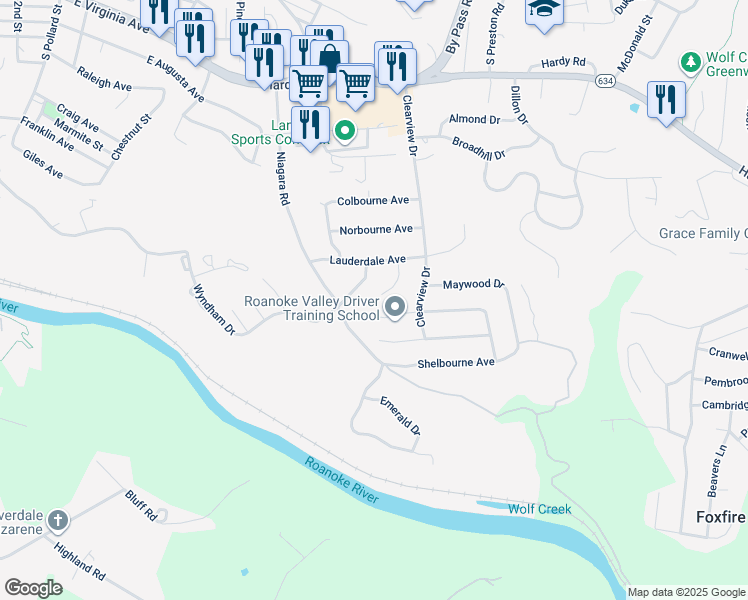 map of restaurants, bars, coffee shops, grocery stores, and more near 1029 Blakemore Circle in Vinton
