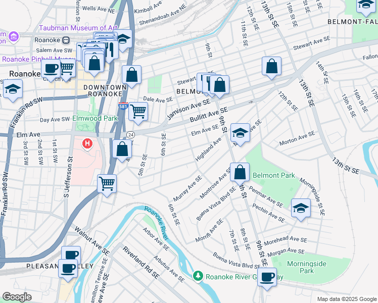 map of restaurants, bars, coffee shops, grocery stores, and more near 702-714 Mountain Avenue Southeast in Roanoke