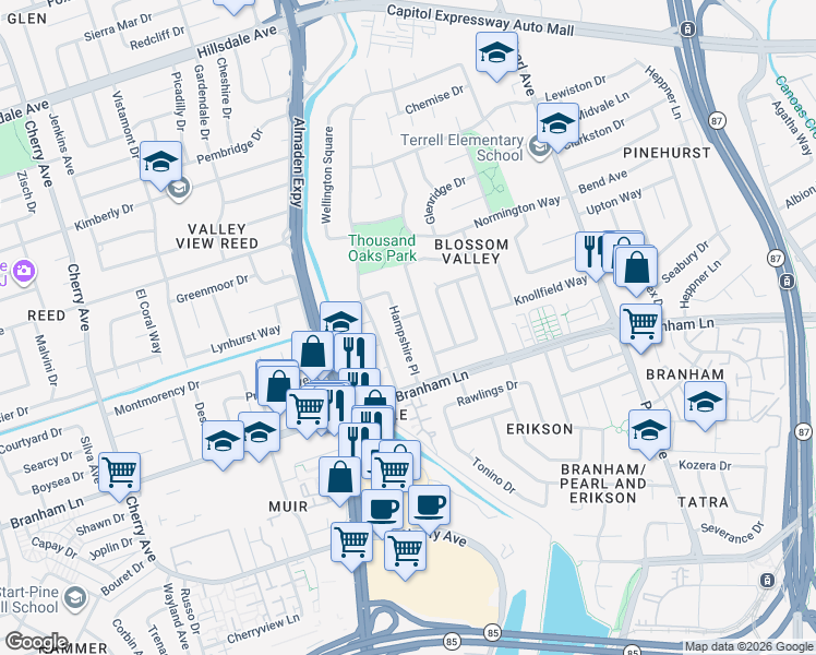 map of restaurants, bars, coffee shops, grocery stores, and more near 4472 Hampshire Place in San Jose