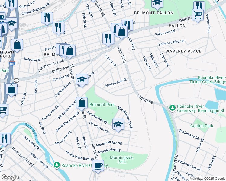 map of restaurants, bars, coffee shops, grocery stores, and more near 1110 Tompkins Avenue Southeast in Roanoke