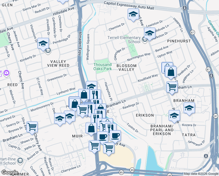 map of restaurants, bars, coffee shops, grocery stores, and more near 4472 Hampshire Place in San Jose