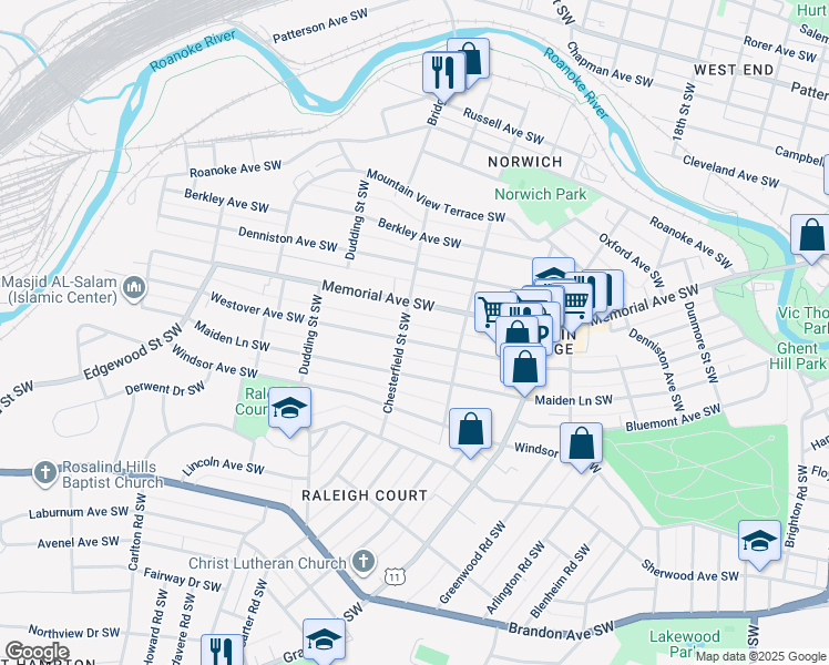 map of restaurants, bars, coffee shops, grocery stores, and more near 2141 Westover Avenue Southwest in Roanoke