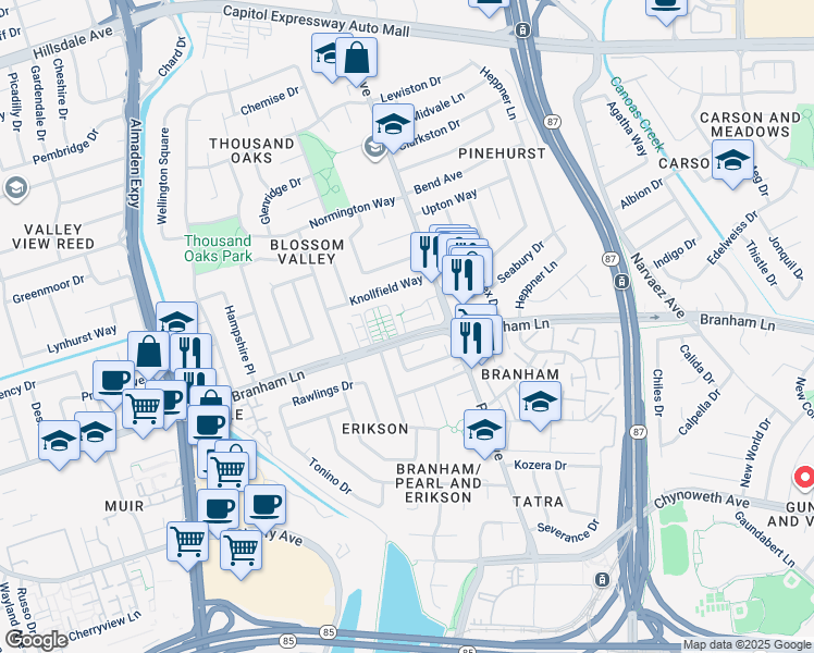 map of restaurants, bars, coffee shops, grocery stores, and more near 877 Branham Lane in San Jose
