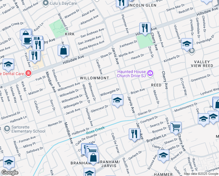 map of restaurants, bars, coffee shops, grocery stores, and more near 1528 Willowbrook Drive in San Jose