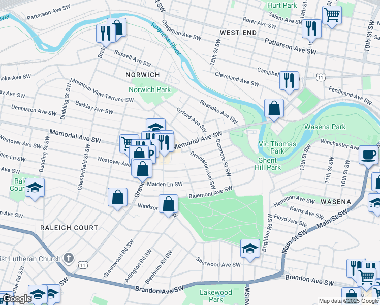 map of restaurants, bars, coffee shops, grocery stores, and more near 1815 Denniston Avenue Southwest in Roanoke