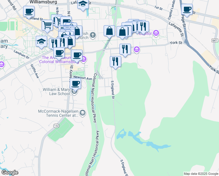 map of restaurants, bars, coffee shops, grocery stores, and more near 108 Sourgum Lane in Williamsburg