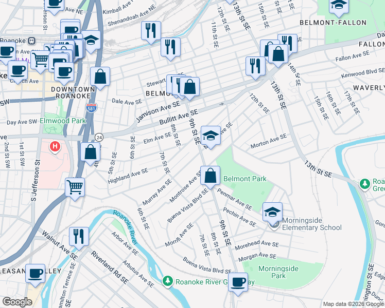 map of restaurants, bars, coffee shops, grocery stores, and more near 917 9th Street Southeast in Roanoke