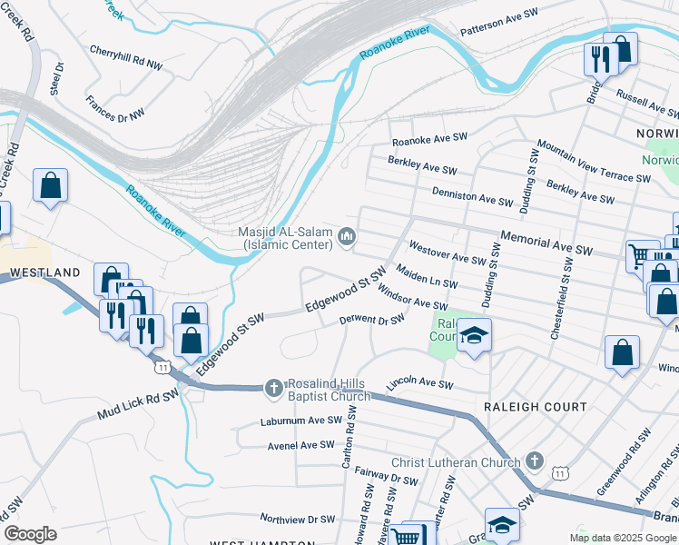 map of restaurants, bars, coffee shops, grocery stores, and more near 2625 Windsor Avenue Southwest in Roanoke