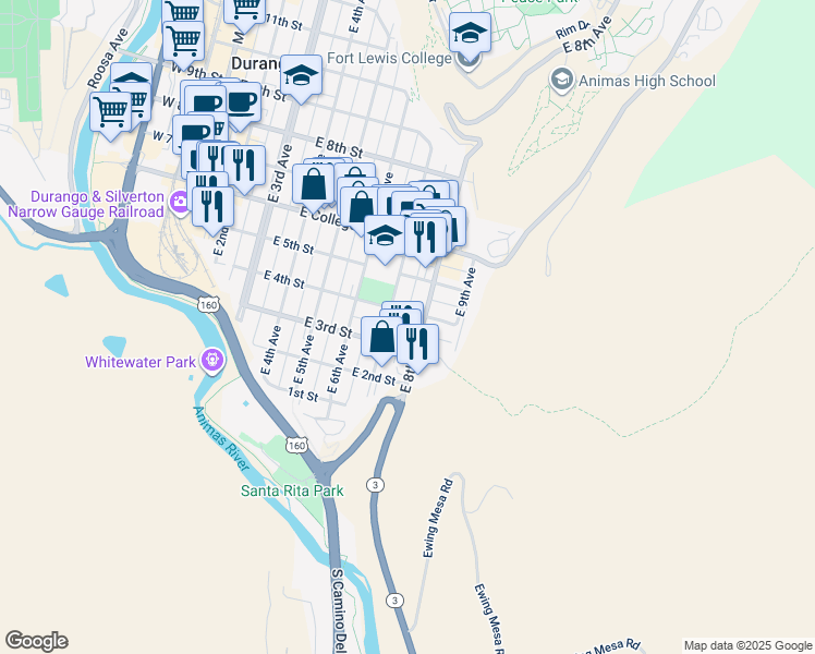 map of restaurants, bars, coffee shops, grocery stores, and more near 364 East 7th Avenue in Durango