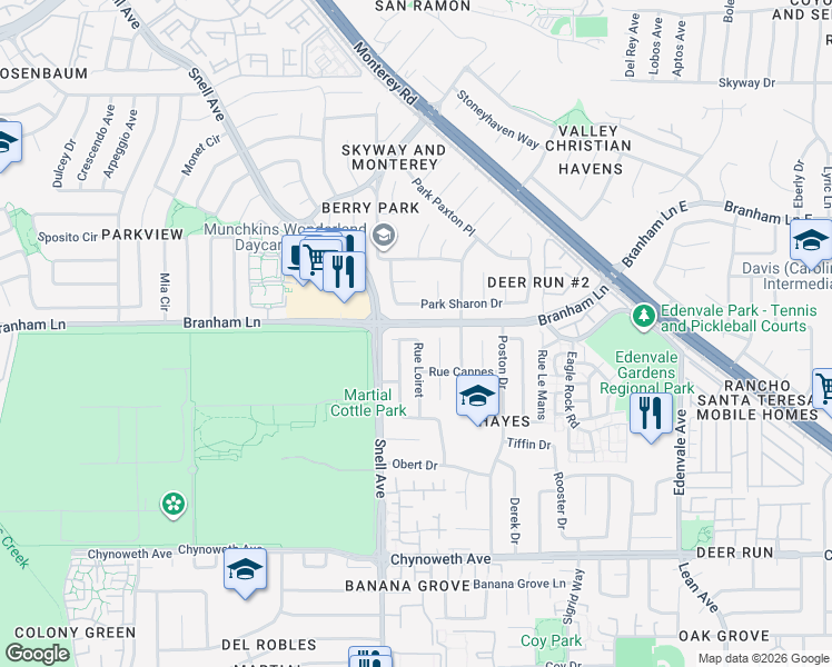 map of restaurants, bars, coffee shops, grocery stores, and more near 4816 Rue Loiret in San Jose