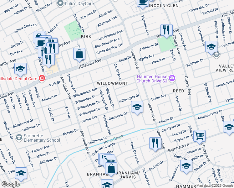 map of restaurants, bars, coffee shops, grocery stores, and more near 3611 Willowview Drive in San Jose