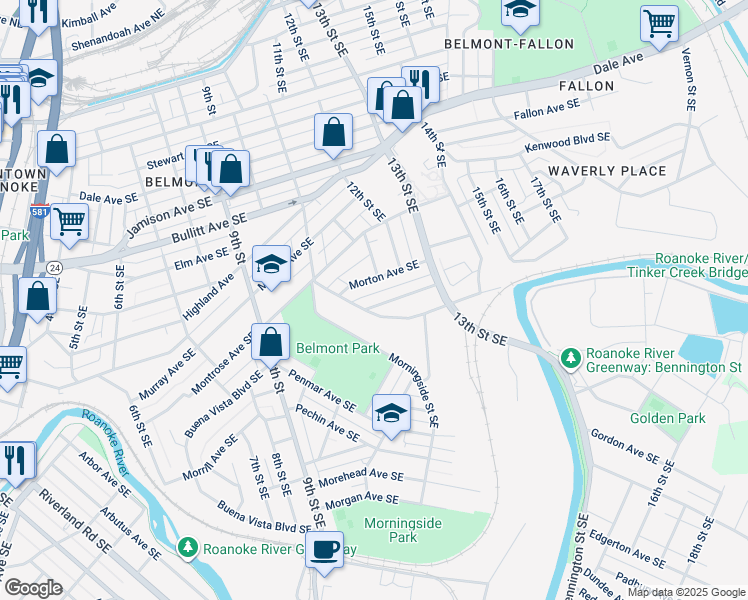 map of restaurants, bars, coffee shops, grocery stores, and more near 1110 Tompkins Avenue Southeast in Roanoke