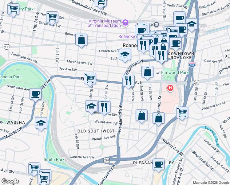 map of restaurants, bars, coffee shops, grocery stores, and more near 349 Mountain Avenue Southwest in Roanoke