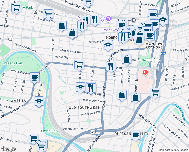 map of restaurants, bars, coffee shops, grocery stores, and more near 380 Mountain Avenue Southwest in Roanoke