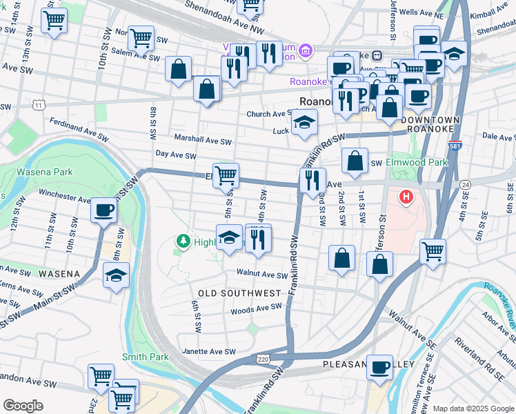 map of restaurants, bars, coffee shops, grocery stores, and more near 380 Mountain Avenue Southwest in Roanoke