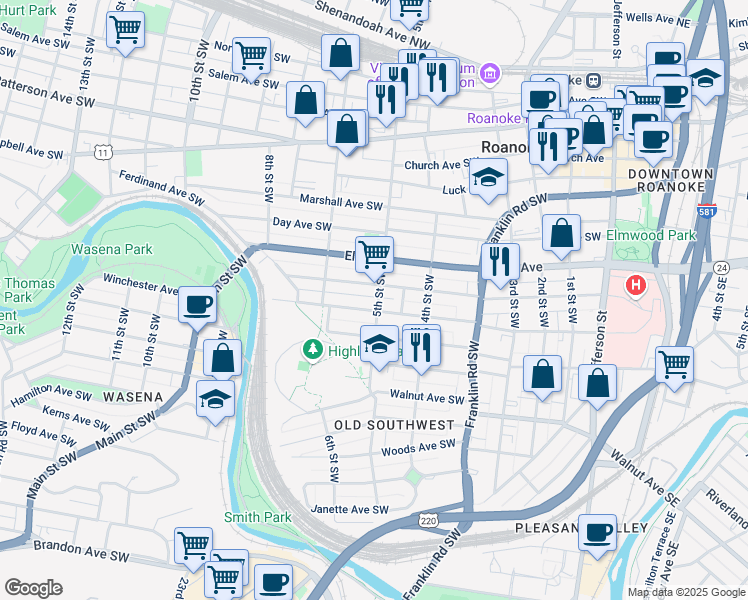 map of restaurants, bars, coffee shops, grocery stores, and more near 518 Mountain Avenue Southwest in Roanoke