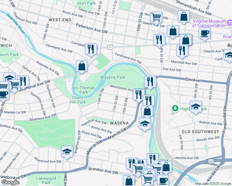 map of restaurants, bars, coffee shops, grocery stores, and more near 1112 Winchester Avenue Southwest in Roanoke