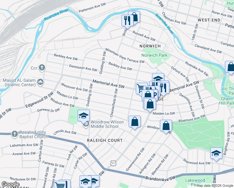 map of restaurants, bars, coffee shops, grocery stores, and more near 2134 Memorial Avenue Southwest in Roanoke