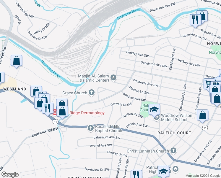 map of restaurants, bars, coffee shops, grocery stores, and more near 2625 Windsor Avenue Southwest in Roanoke