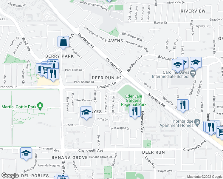 map of restaurants, bars, coffee shops, grocery stores, and more near 92 Frontier Trail Drive in San Jose