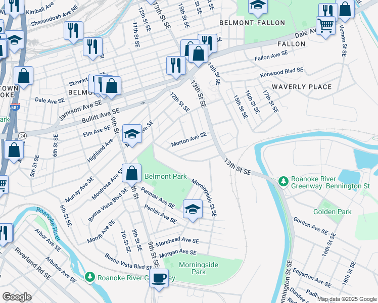 map of restaurants, bars, coffee shops, grocery stores, and more near 1120 Tompkins Ave SE in Roanoke