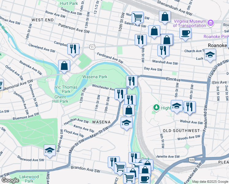 map of restaurants, bars, coffee shops, grocery stores, and more near 924 Winchester Avenue Southwest in Roanoke