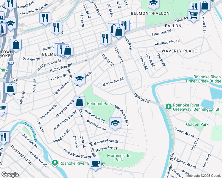 map of restaurants, bars, coffee shops, grocery stores, and more near 1114 Tompkins Avenue Southeast in Roanoke
