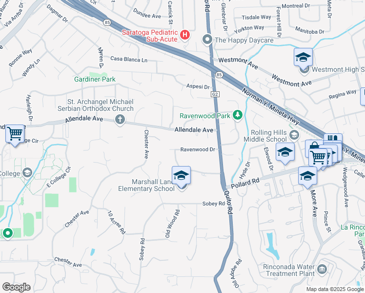 map of restaurants, bars, coffee shops, grocery stores, and more near 18603 Ravenwood Drive in Saratoga