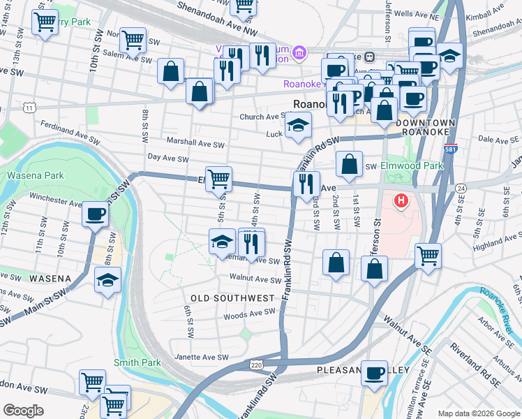 map of restaurants, bars, coffee shops, grocery stores, and more near 380 Mountain Avenue Southwest in Roanoke