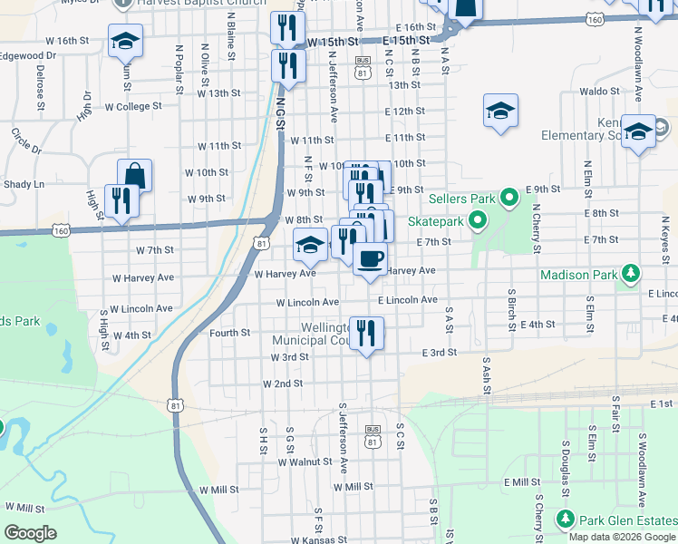 map of restaurants, bars, coffee shops, grocery stores, and more near in Wellington
