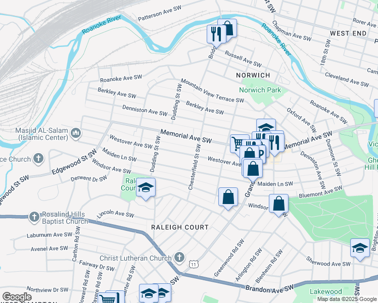 map of restaurants, bars, coffee shops, grocery stores, and more near 2215 Westover Avenue Southwest in Roanoke