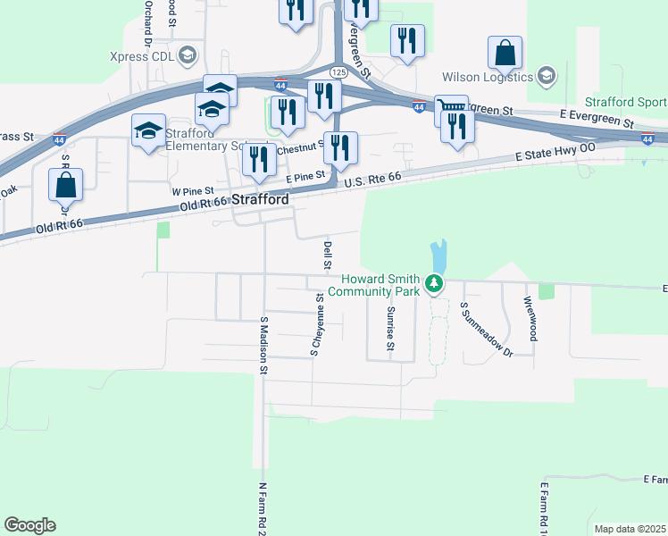 map of restaurants, bars, coffee shops, grocery stores, and more near 413 Dell Street in Strafford