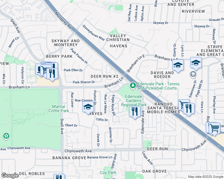 map of restaurants, bars, coffee shops, grocery stores, and more near 92 Frontier Trail Drive in San Jose