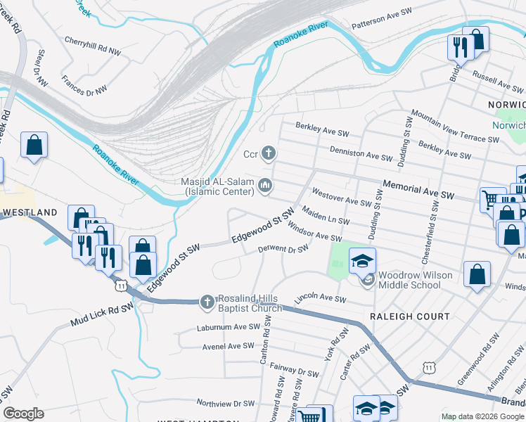 map of restaurants, bars, coffee shops, grocery stores, and more near 2526 Maiden Lane Southwest in Roanoke