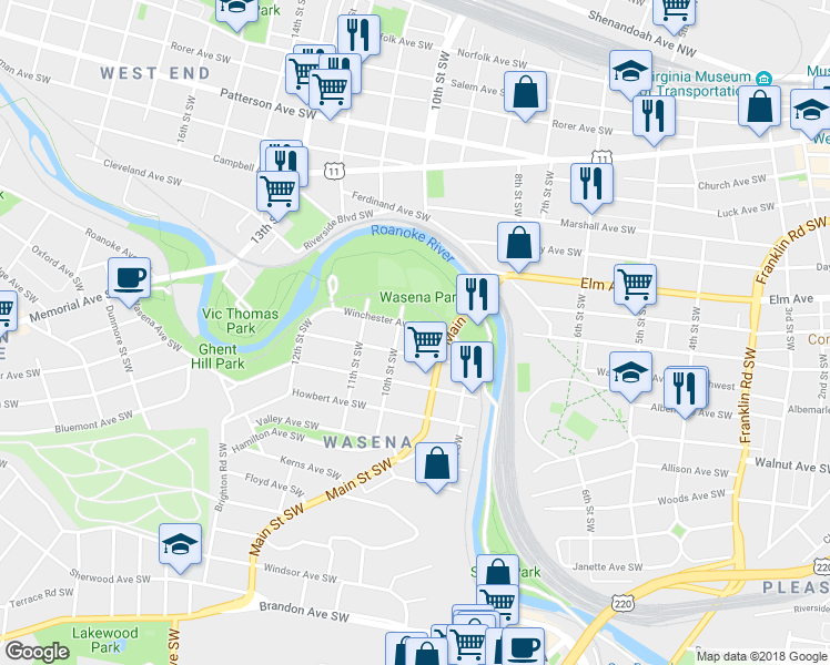 map of restaurants, bars, coffee shops, grocery stores, and more near 924 Winchester Avenue Southwest in Roanoke