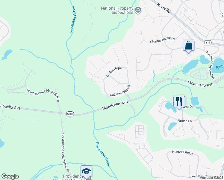 map of restaurants, bars, coffee shops, grocery stores, and more near 4187 Ambassador Cir in Williamsburg