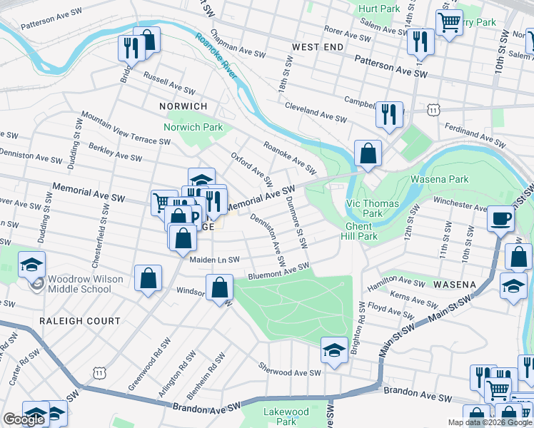 map of restaurants, bars, coffee shops, grocery stores, and more near 1635 Hampton Avenue Southwest in Roanoke