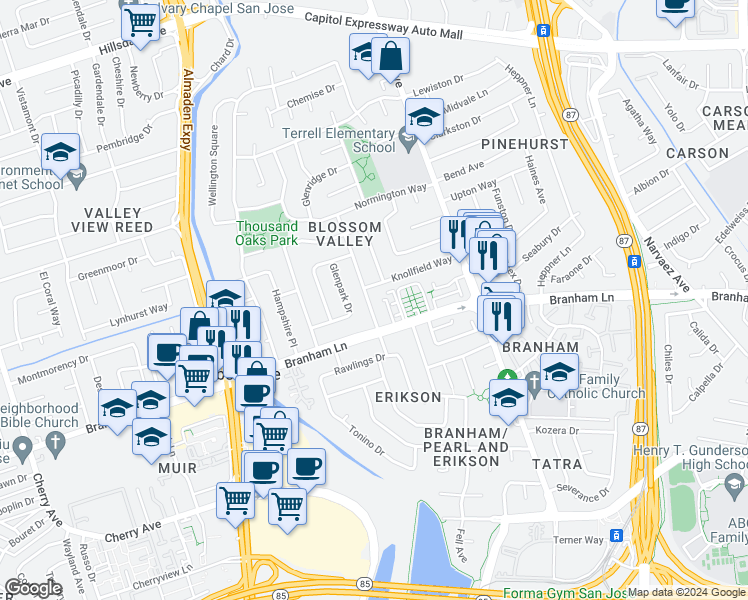 map of restaurants, bars, coffee shops, grocery stores, and more near 4436 Glenmont Drive in San Jose