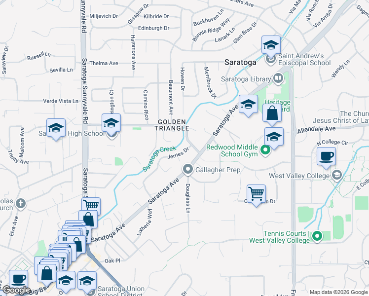map of restaurants, bars, coffee shops, grocery stores, and more near 14927 Jerries Drive in Saratoga